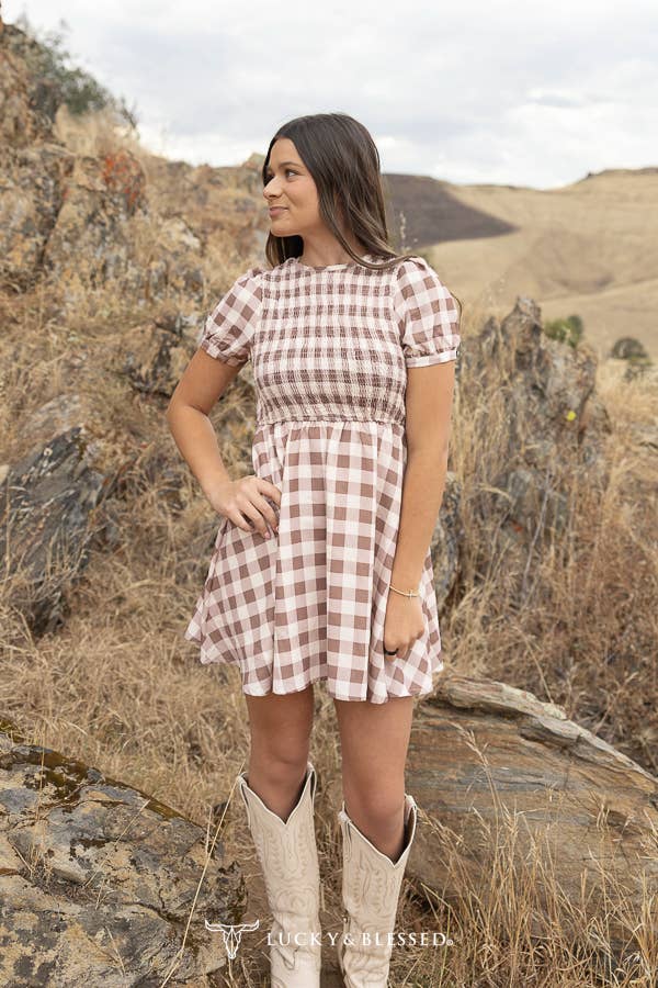 CHECKERED PUFF SLEEVE BACK KEYHOLE SMOCKED DRESS