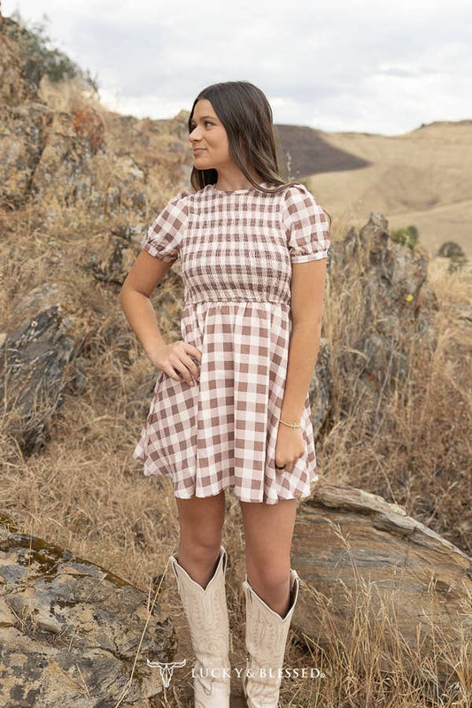 CHECKERED PUFF SLEEVE BACK KEYHOLE SMOCKED DRESS