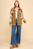 MOCHA CONTRAST AZTEC PATTERN SLEEVE CORDUROY SHACKET