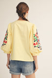 V NECK EMBROIDERED NOTCH WOVEN TOP - BANANA YELLOW