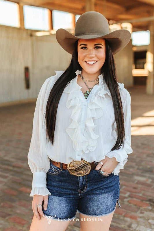 WHITE SHEER LONG SLEEVE RUFFLE FRONT BLOUSE