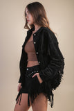 SUEDE FRINGE DETAIL WESTERN SHACKET - BLACK