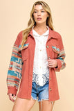 RUST CONTRAST AZTEC PATTERN SLEEVE CORDUROY SHACKET