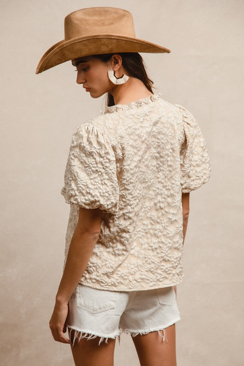 FLORAL PATTERN TEXTURED BALLON SLEEVES V NECK TOP - OATMEAL