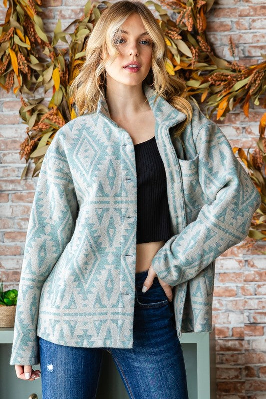 VINTAGE WESTERN PATTERN HIGH COLLAR JACKET - SAGE