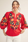 NOTCHED V NECK EMBROIDERED 3/4 SLEEVE TOP - RED