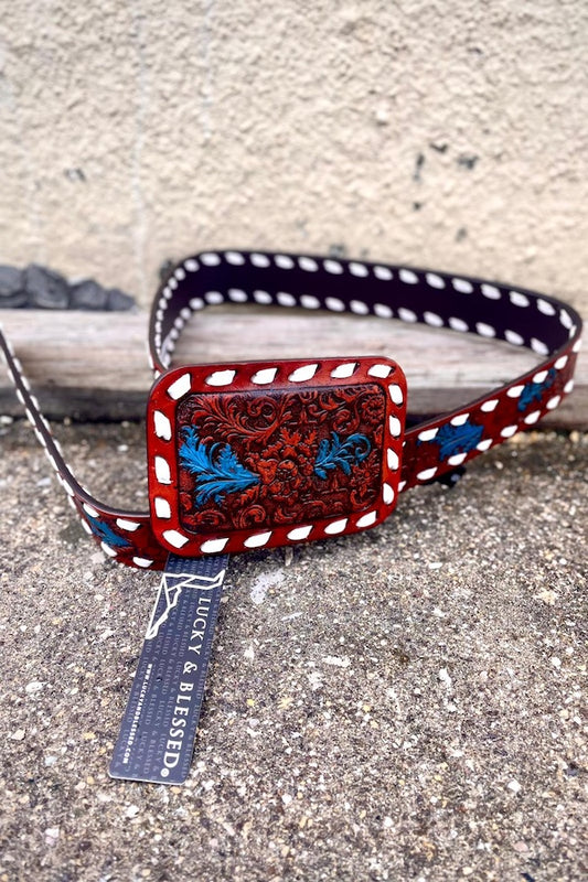 JADE TOOLED GENUINE LEATHER IVORY BUCKSTITCH BELT