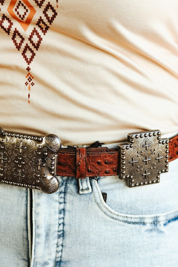 RED COGNAC OSTRICH GENUINE LEATHER CROSS CONCHO BELT