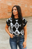 WESTERN CHECKERED KNIT SWEATER TOP - BLACK