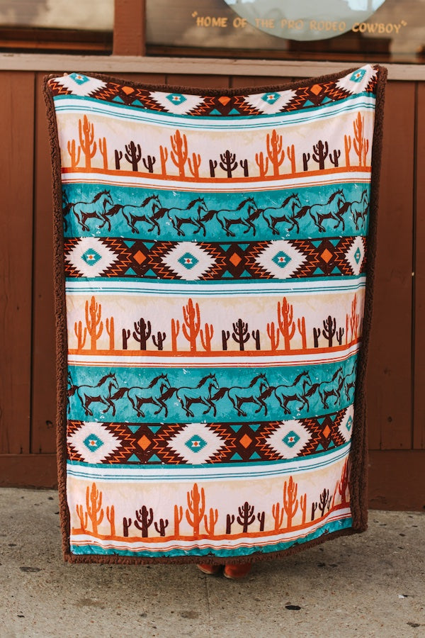 Multi Aztec Running Horse Printed Knitted Brown Sherpa Blanket - 54in x 72in