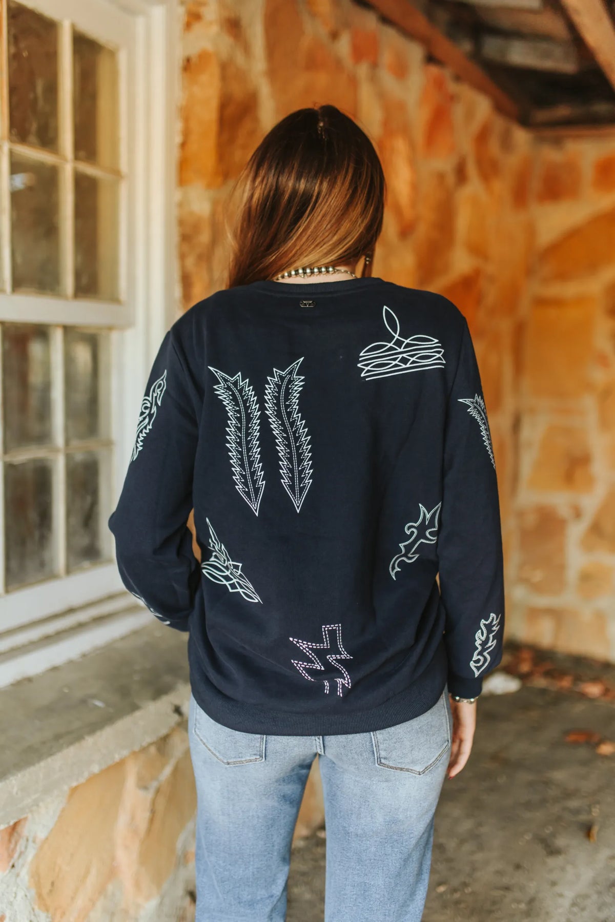 BOOT STITCHED WESTERN PRINTED ROUND NECK PULL OVER NAVY SWEATER