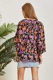 PRINTED BLOUSE V NECKLINE PONCO SLEEVES TOP - BLACK MULTI