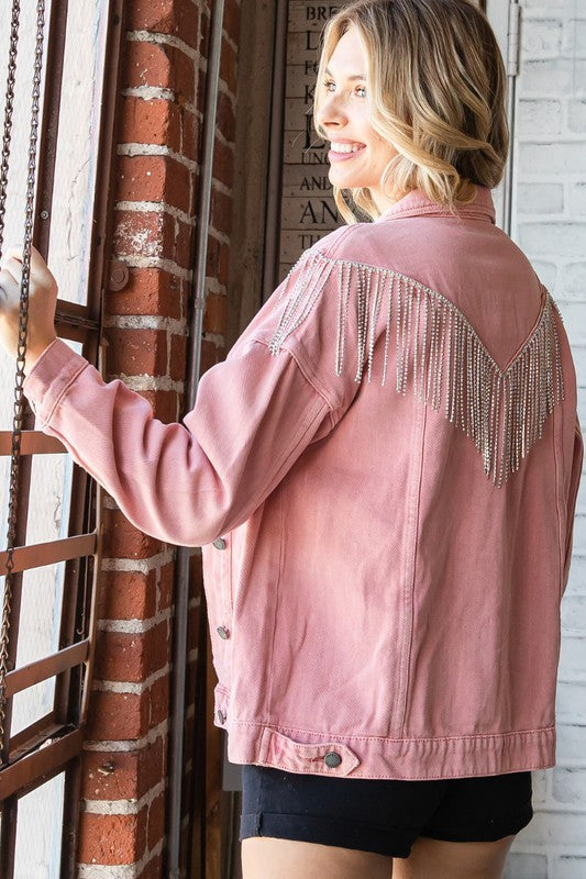 PINK RHINESTONE FRINGE OVERSIZE DENIM JACKET