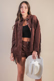 SUEDE FRINGE DETAIL WESTERN SHACKET - CHOCOLATE