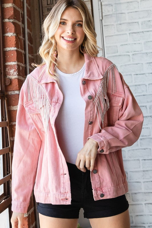 PINK RHINESTONE FRINGE OVERSIZE DENIM JACKET