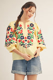 V NECK EMBROIDERED NOTCH WOVEN TOP - BANANA YELLOW