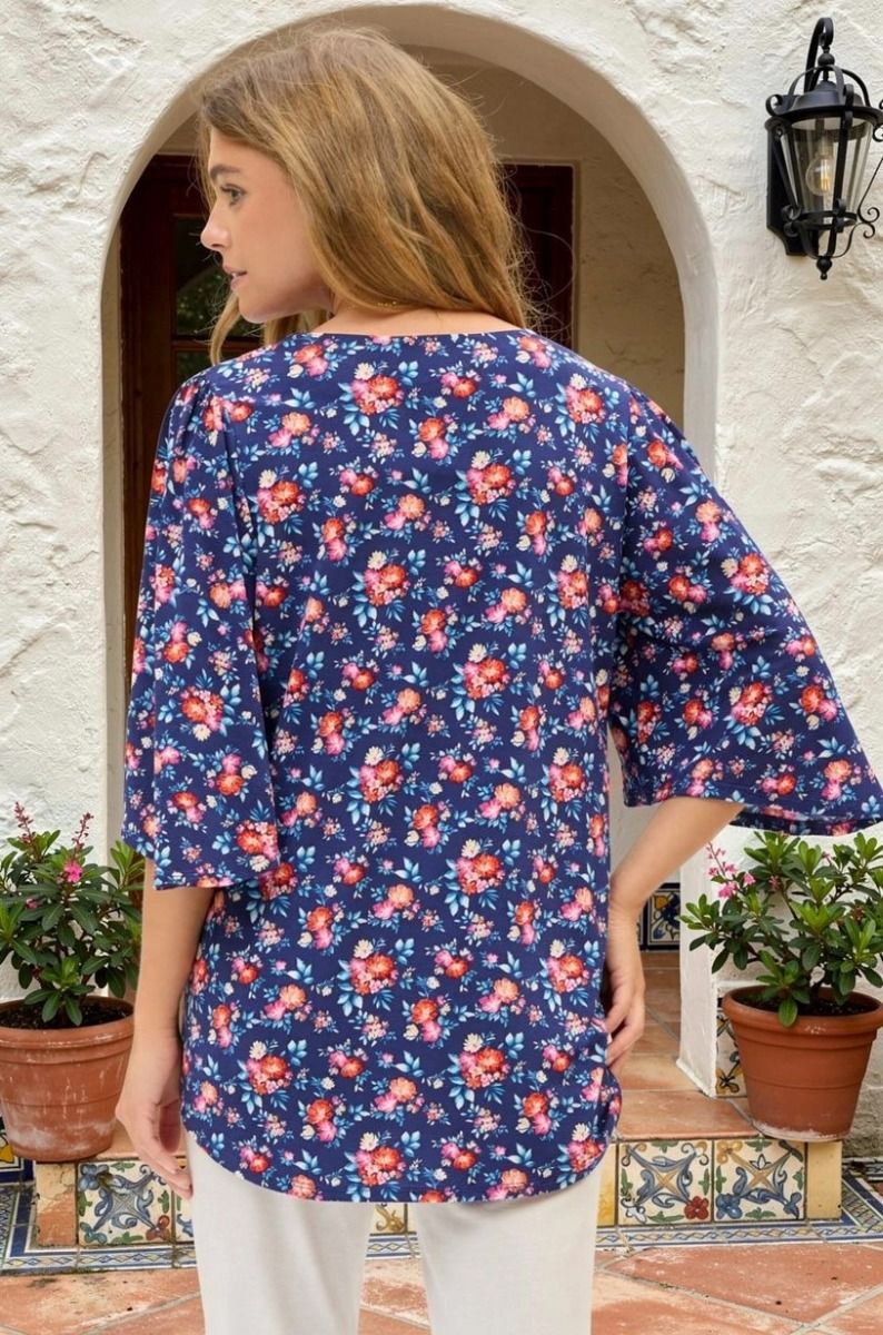 FLORAL V NECKLINE HALF SLEEVE TOP - NAVY