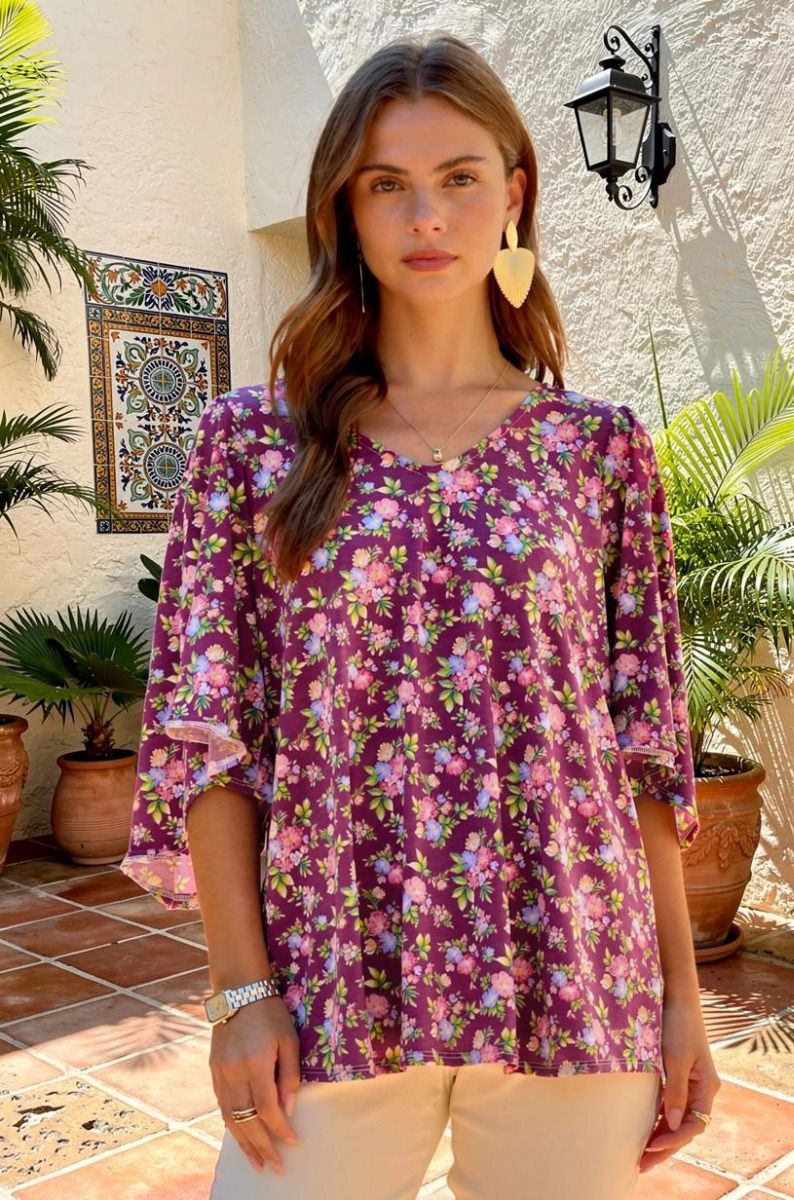 FLORAL V NECKLINE HALF SLEEVE TOP - PURPLE