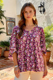 FLORAL V NECKLINE HALF SLEEVE TOP - PURPLE