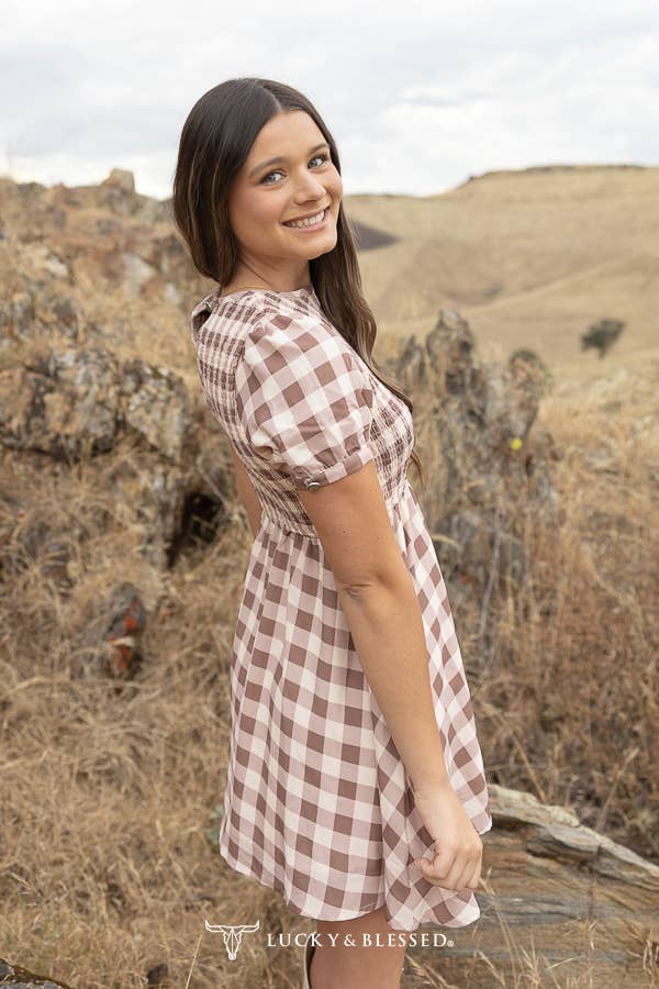 CHECKERED PUFF SLEEVE BACK KEYHOLE SMOCKED DRESS