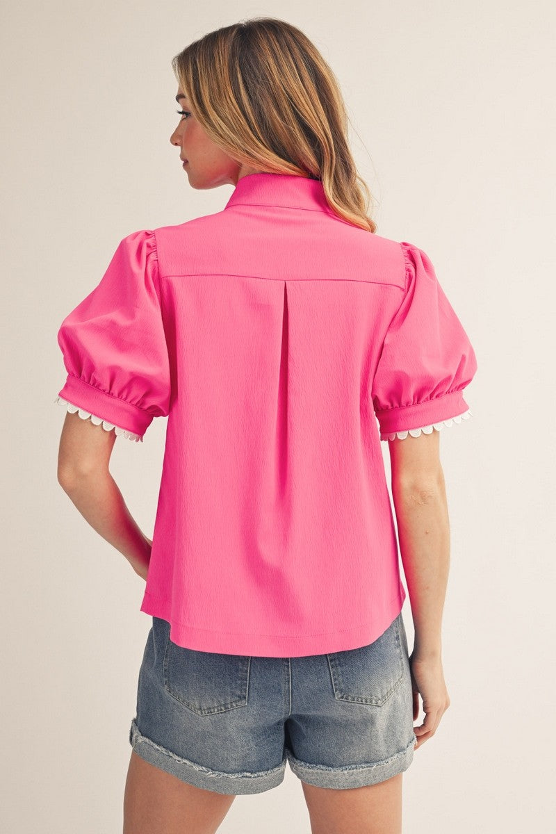 SCALLOP TRIM ACCENT SOLID CRINKLE TOP - HOT PINK