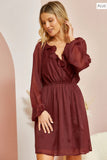 SATIN DRESS WITH LONG SLEEVE SURPLICE STYLE WRAP DRESS - BURGUNDY