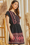 EMBROIDERY AZTEC PRINT DRESS WITH FRONT NECK TIE - BLACK