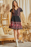 EMBROIDERY AZTEC PRINT DRESS WITH FRONT NECK TIE - BLACK