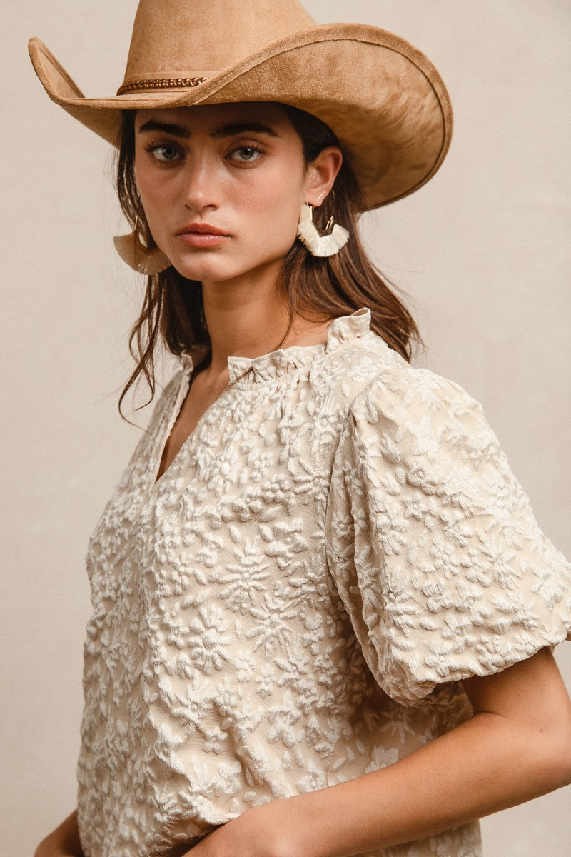 FLORAL PATTERN TEXTURED BALLON SLEEVES V NECK TOP - OATMEAL