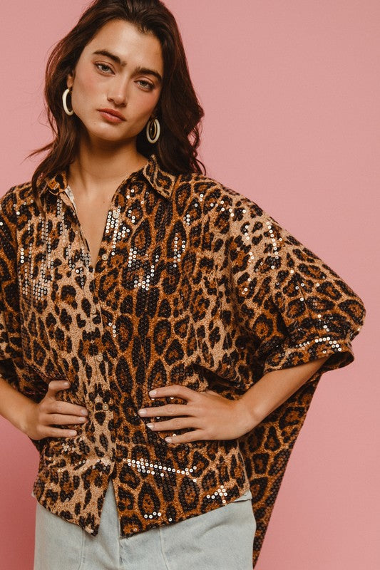 CLEAR SEQUIN LEOPARD PRINT ALL-OVER SHORT DOLMAN SLEEVES BLOUSE
