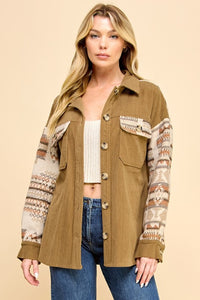 MOCHA CONTRAST AZTEC PATTERN SLEEVE CORDUROY SHACKET