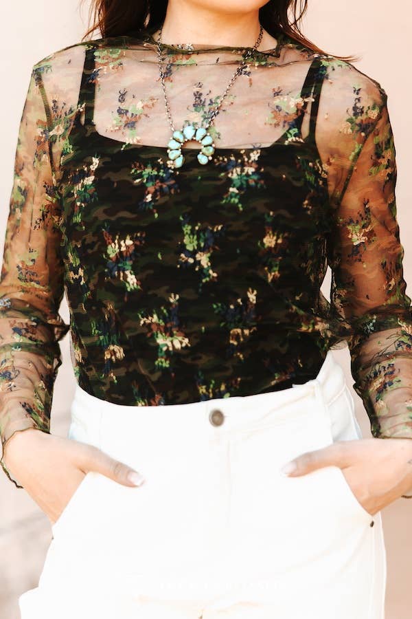 CAMO PRINTED LACE LONG SLEEVE STRETCH TOP