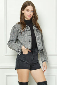 WASHED DENIM WITH STRIPE RHINESTONE JACKET - BLACK WASH