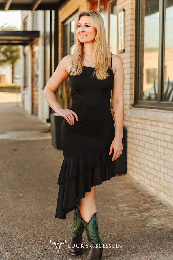 BLACK SATIN RUFFLE ASYMMETRICAL DRESS