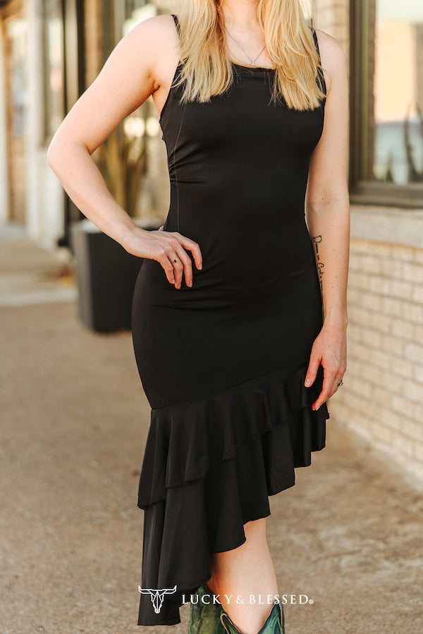 BLACK SATIN RUFFLE ASYMMETRICAL DRESS