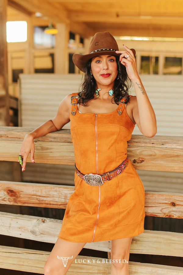 CAMEL STRETCH SUEDE BUCKLE STRAP CORSET DRESS
