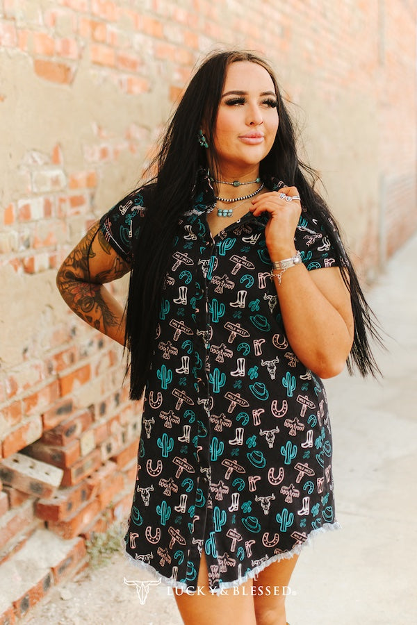 BLACK WESTERN PRINTED PEARL SNAP BUTTON DOWN SHIRT DRESS