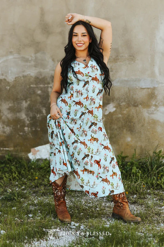LIGHT BLUE WESTERN PRINTED PEARL SNAP BUTTON DOWN SLEEVELESS FRON TIE DRESS