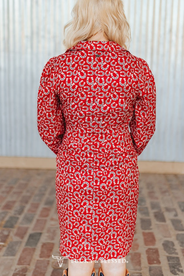 RED SCARLET HORSESHOE PRINTED WRAP PUFF SLEEVE DRESS