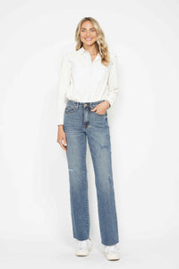 JUDY BLUE HIGH WAIST TUMMY CONTROL RAW HEM STRAIGHT JEAN - MEDIUM STONE