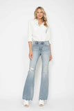 JUDY BLUE MID RISE TUMMY CONTROL DESTROY FLARE JEANS - MEDIUM STONE