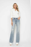 JUDY BLUE MID RISE TUMMY CONTROL DESTROY FLARE JEANS - MEDIUM STONE