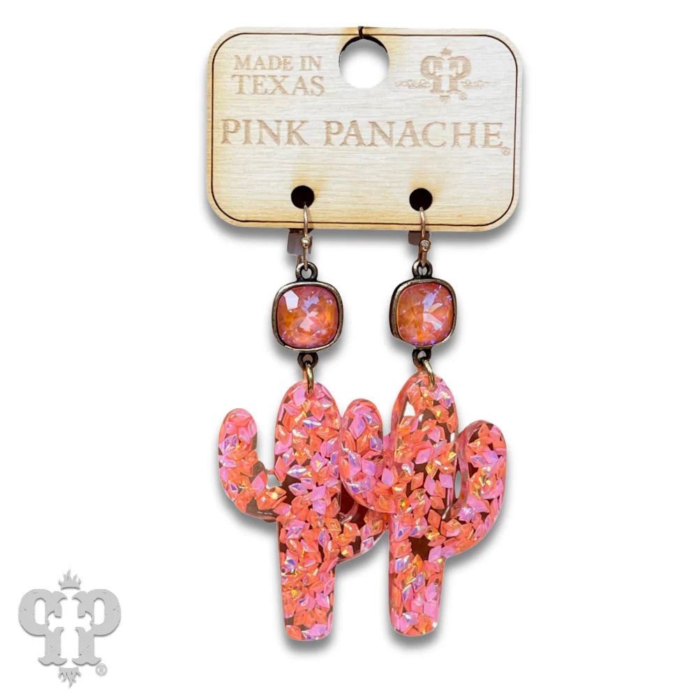 PINK PANACHE ACRYLIC CACTUS WITH PINK CRYSTAL HOOK EARRING - E268PK
