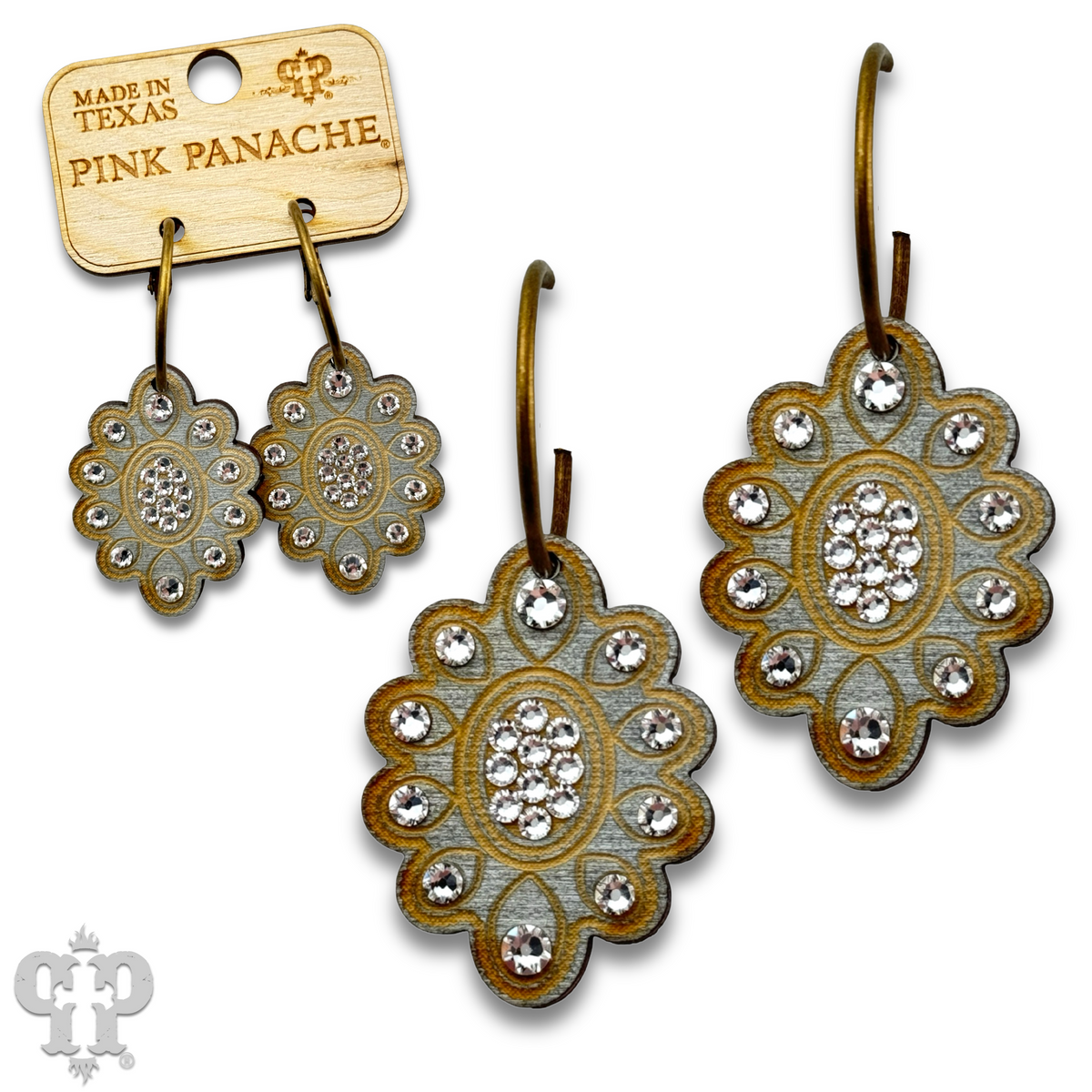 PINK PANACHE SCALLOPED SILVER WOOD EARRING WITH AUSTRIAN CRYSTALS MEDIUM HOOP - E527SCL
