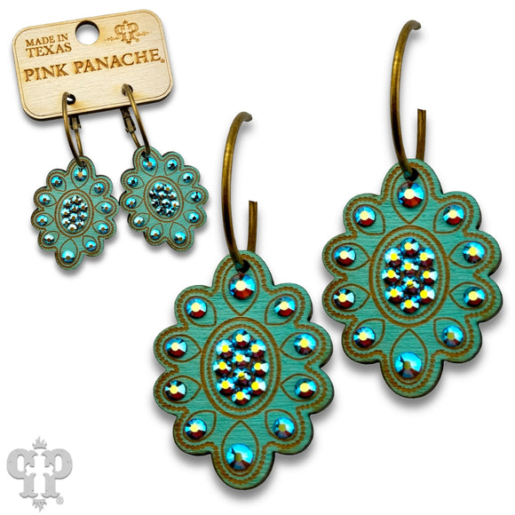 PINK PANACHE SCALLOPED TURQUOISE WOOD EARRING WITH AUSTRIAN CRYSTALS MEDIUM HOOP - 527TST