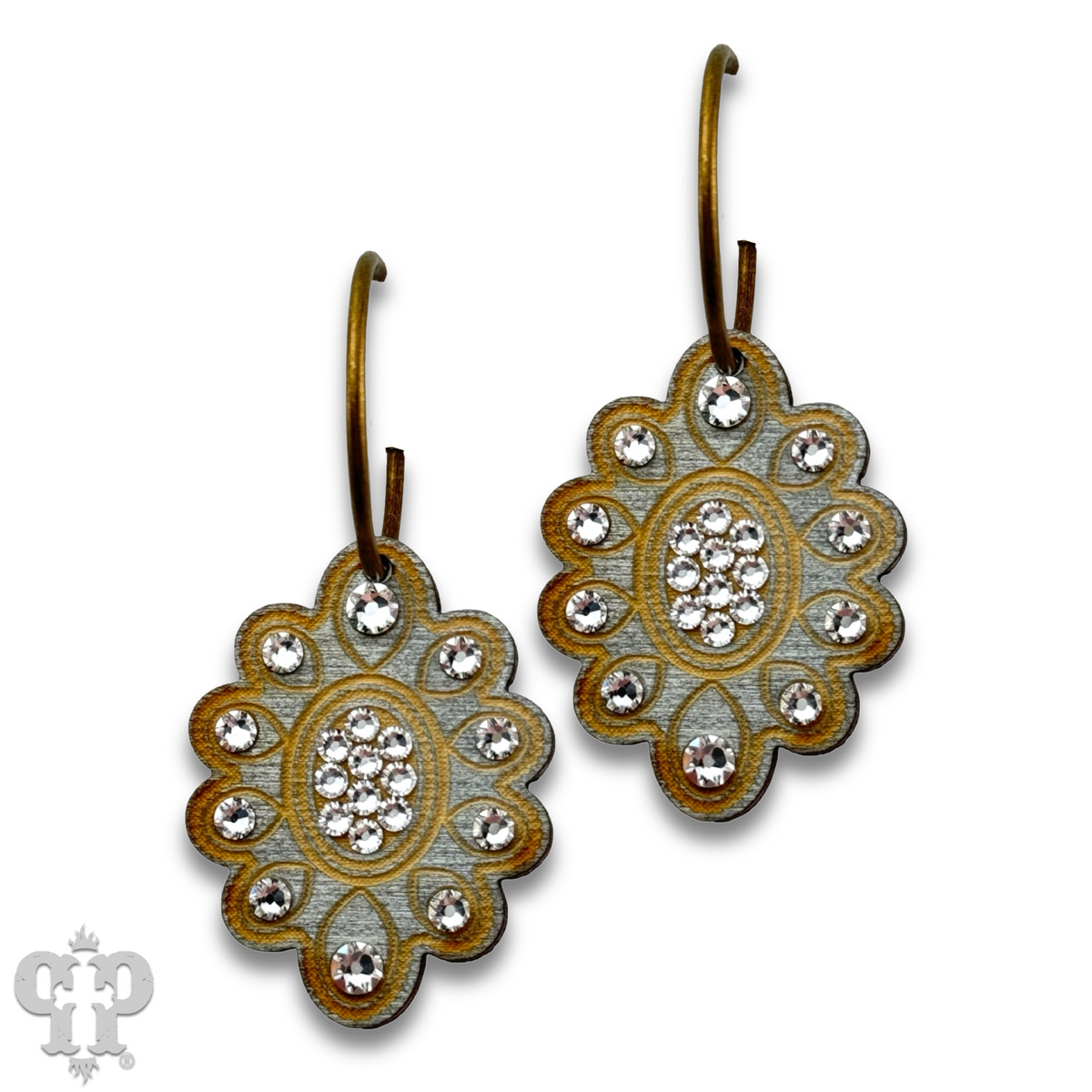 PINK PANACHE SCALLOPED SILVER WOOD EARRING WITH AUSTRIAN CRYSTALS MEDIUM HOOP - E527SCL