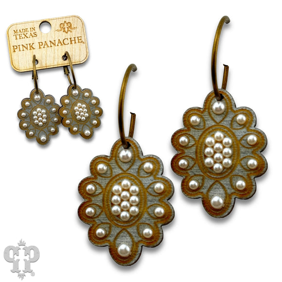 PINK PANACHE SCALLOPED PEARL WOOD EARRING WITH AUSTRIAN CRYSTALS MEDIUM HOOP - 527SP