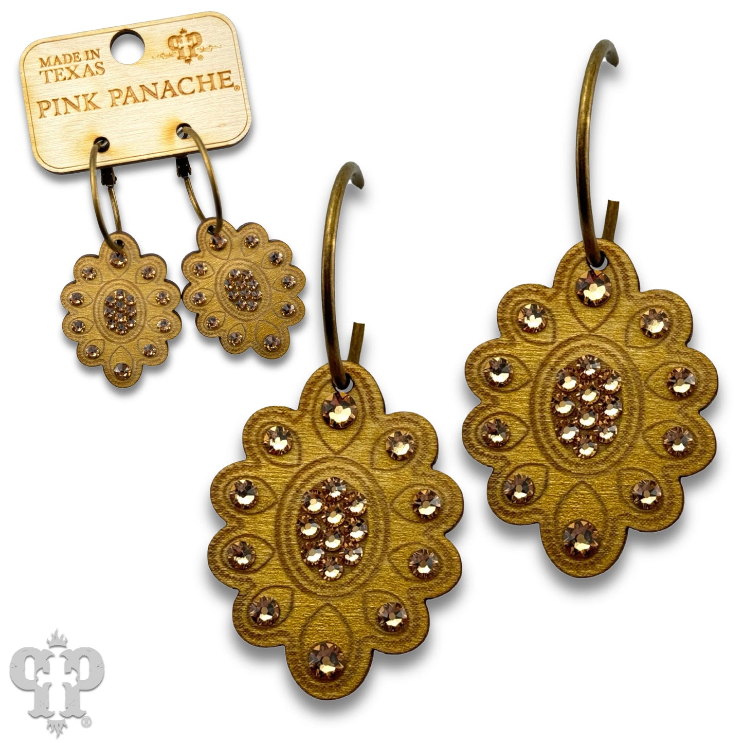 PINK PANACHE SCALLOPED GOLD WOOD EARRING WITH AUSTRIAN CRYSTALS MEDIUM HOOP - E527GLC