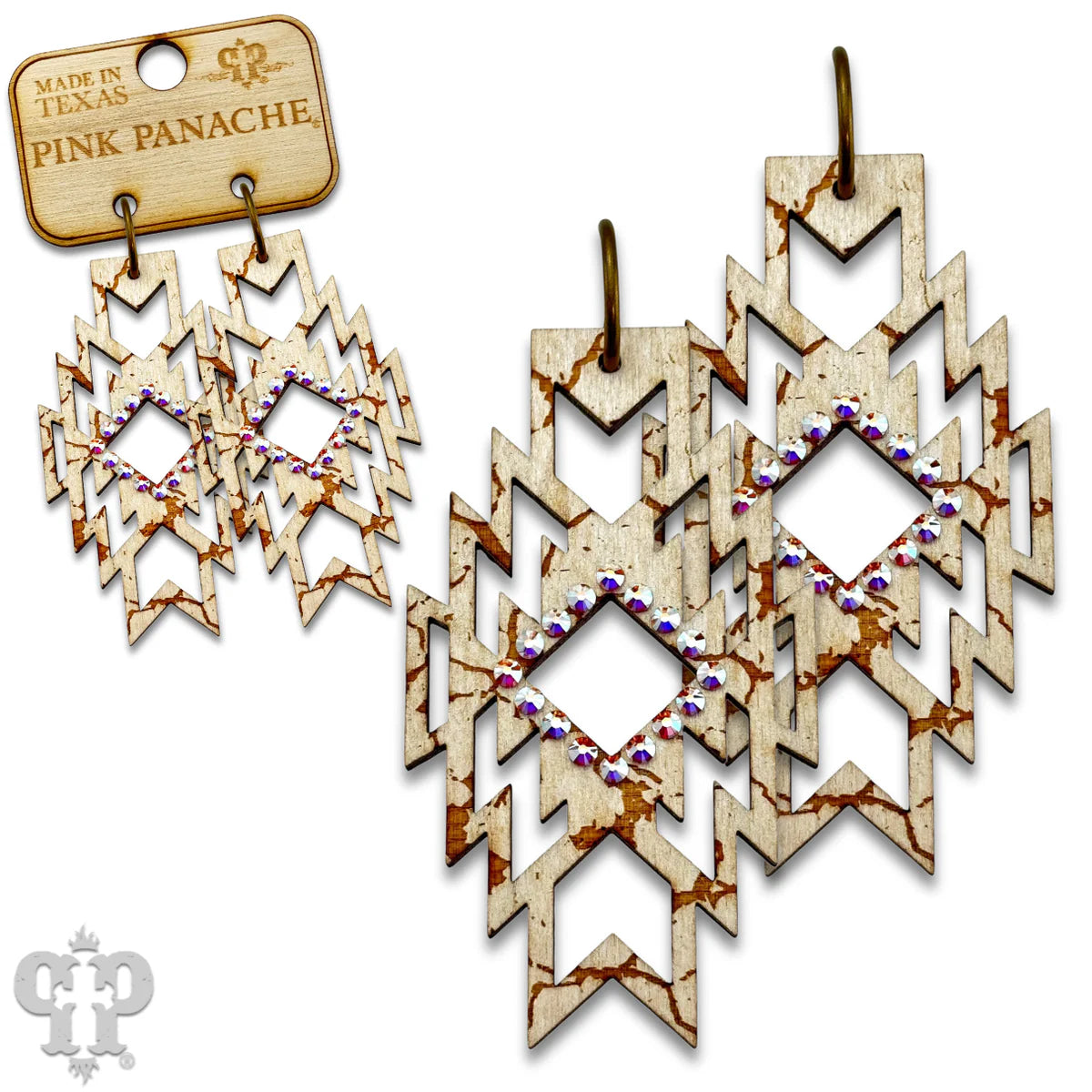 PINK PANACHE PEARL WHITE AZTE WOOD WITH CRYSTAL EARRINGS - E553PWAB