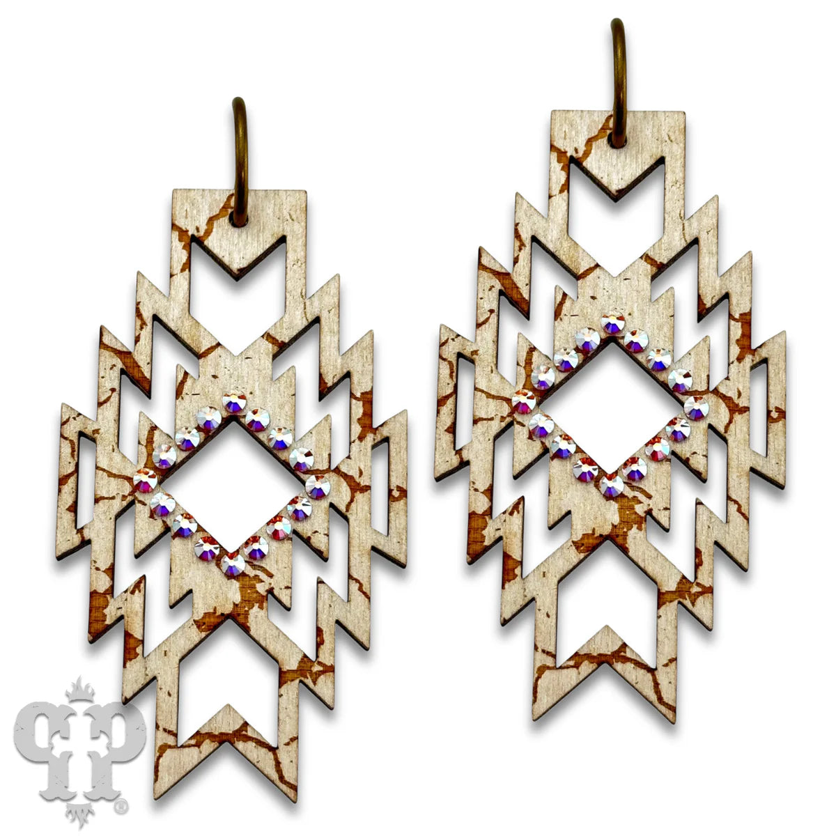 PINK PANACHE PEARL WHITE AZTE WOOD WITH CRYSTAL EARRINGS - E553PWAB